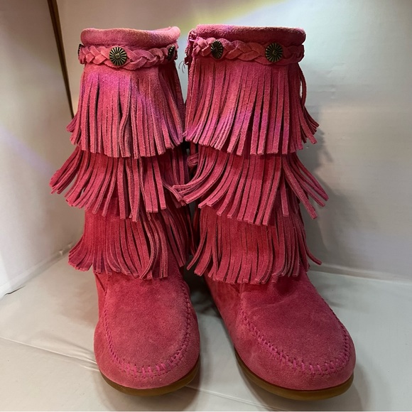 MINNETONKA Moccasin 3 Layer PINK Fringe Suede Boots Shoes Zip Girls 4 •MUST SEE• - Picture 2 of 12